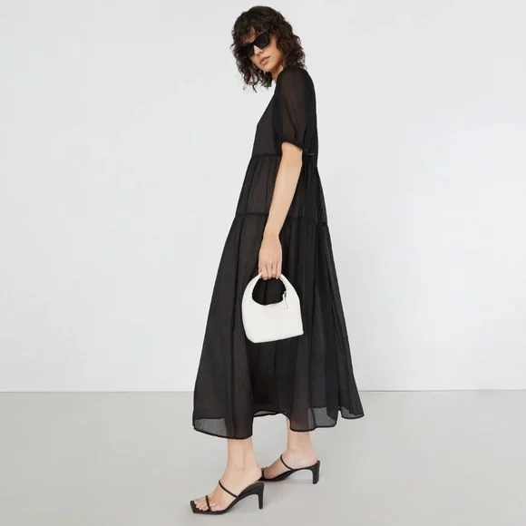 Oak + Fort Puff Sleeve Tiered Midi Maxi Dress Size Large Black - Picture 2 of 14